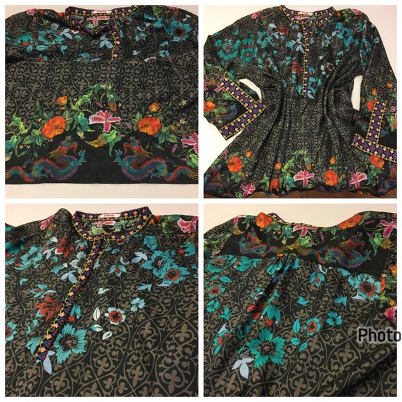 Johnny Was Kennedy Silk Embroidered Tunic Top Blouse Dragons Floral Artsy (IB) - Picture 5 of 16